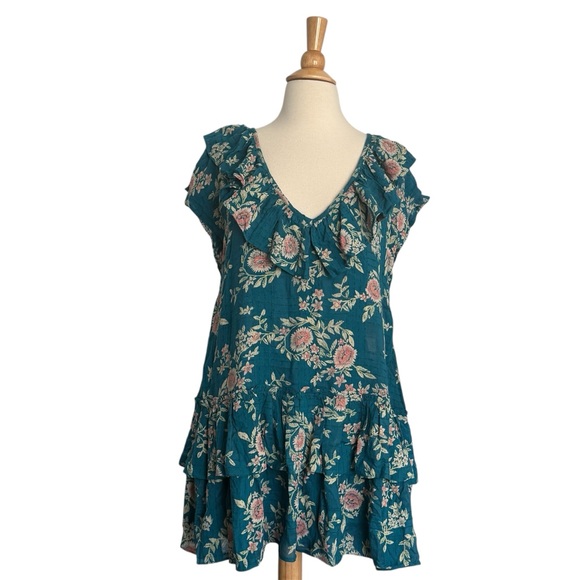 Free People Luna Ruffle Mini Dress | Teal Floral | Size XS - Picture 2 of 4